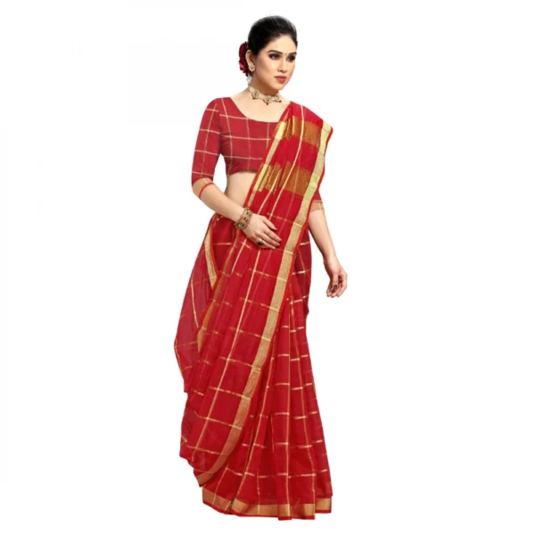 Kota Doria Cotton Checked Saree With Blouse (Red, 5-6 Mtrs) - Image 2