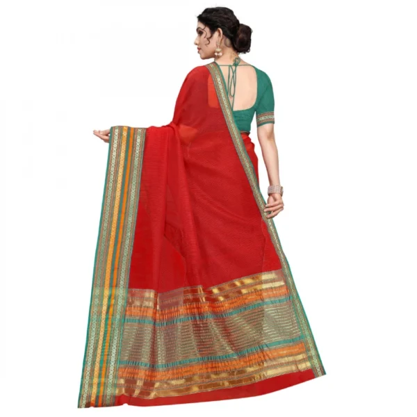 Kota Doria Cotton Bordered Saree With Blouse (Red, 5-6 Mtrs) - Image 2