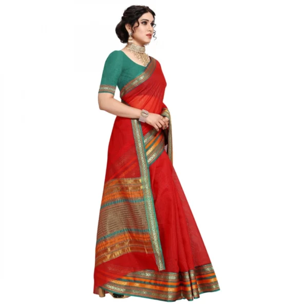 Kota Doria Cotton Bordered Saree With Blouse (Red, 5-6 Mtrs) - Image 3