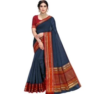 Kota Doria Cotton Bordered Saree With Blouse (Navy Blue, 5-6 Mtrs)