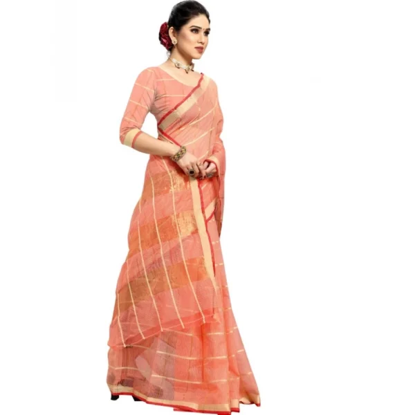 Kota Doria Cotton Checked Saree With Blouse (Peach, 5-6 Mtrs) - Image 4
