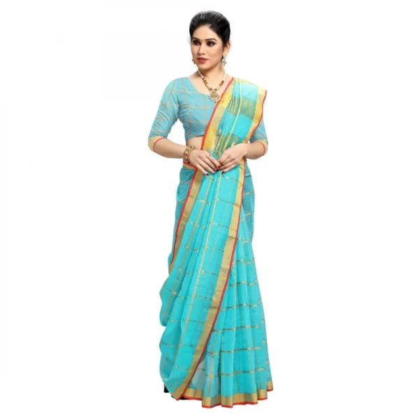 Kota Doria Cotton Checked Saree With Blouse (Sky Blue, 5-6 Mtrs) - Image 3