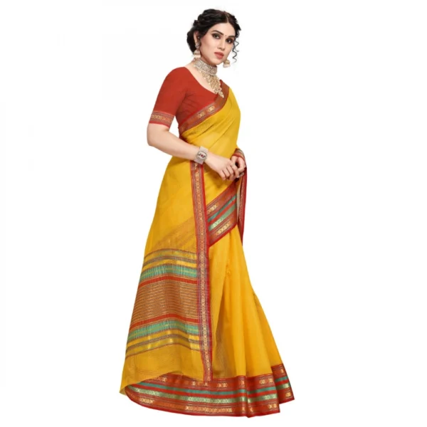 Kota Doria Cotton Bordered Saree With Blouse (Yellow, 5-6 Mtrs) - Image 3