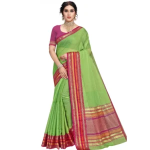 Kota Doria Cotton Bordered Saree With Blouse (Light Green, 5-6 Mtrs)