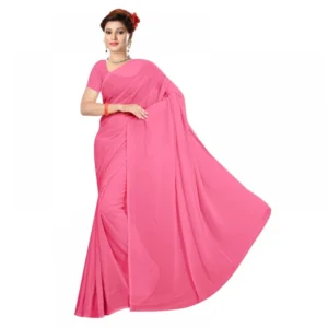 Georgette Plain Saree With Blouse (Pink, 5-6 Mtrs)