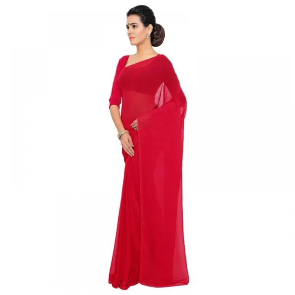 Georgette Plain Saree With Blouse (Red, 5-6 Mtrs) - Image 2