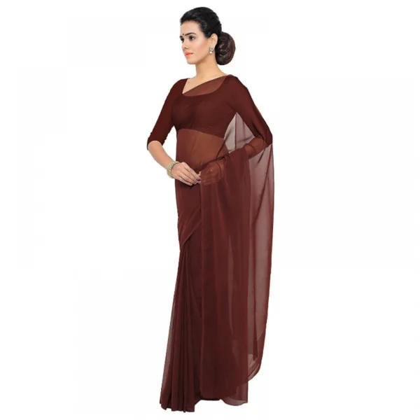 Georgette Plain Saree With Blouse (Coffee, 5-6 Mtrs) - Image 2