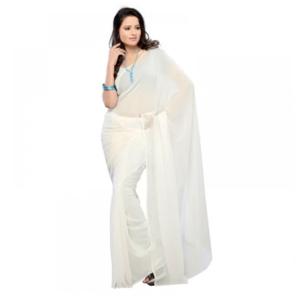 Georgette Plain Saree With Blouse (white, 5-6 Mtrs)