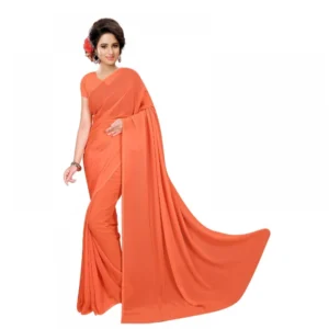 Georgette Plain Saree With Blouse (Orange, 5-6 Mtrs)