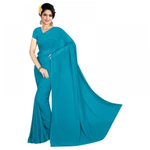 Georgette Plain Saree With Blouse (Dark Firozi, 5-6 Mtrs)