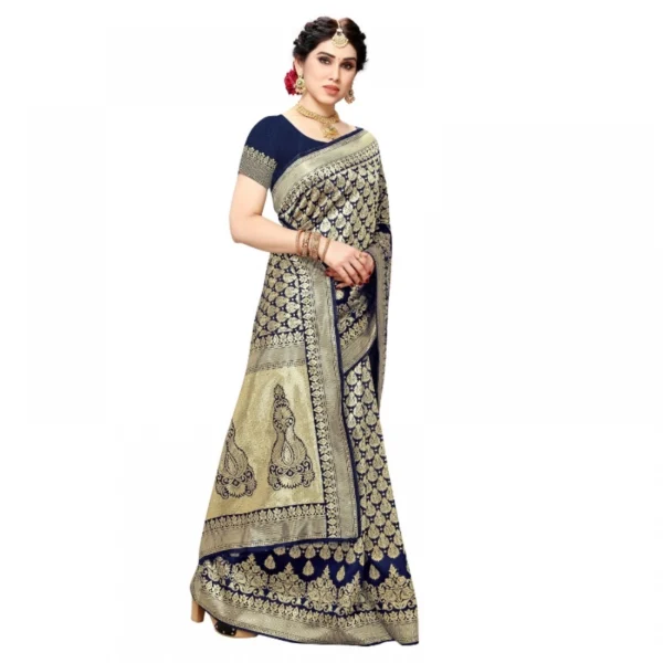 Jacquard Silk Kanjivaram Jacquard Silk Saree With Blouse (Navy Blue, 5-6 Mtrs) - Image 3