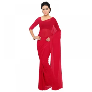 Georgette Plain Saree With Blouse (Red, 5-6 Mtrs)