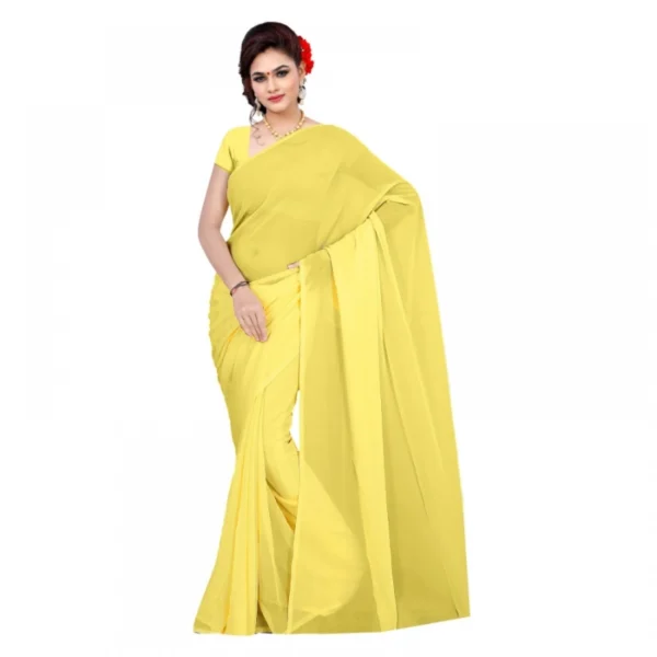 Georgette Plain Saree With Blouse (Lemon Yellow, 5-6 Mtrs)