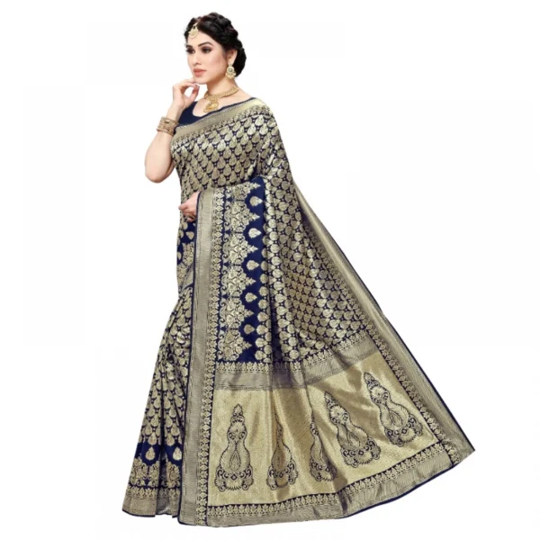 Jacquard Silk Kanjivaram Jacquard Silk Saree With Blouse (Navy Blue, 5-6 Mtrs) - Image 4