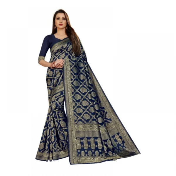 Jacquard Silk Kanjivaram Jacquard Silk Saree With Blouse (Navy Blue, 5-6 Mtrs)