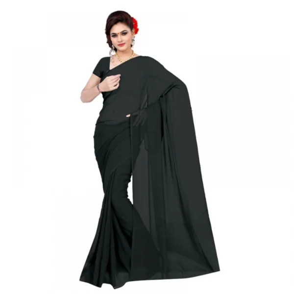 Georgette Plain Saree With Blouse (Black, 5-6 Mtrs) - Image 2
