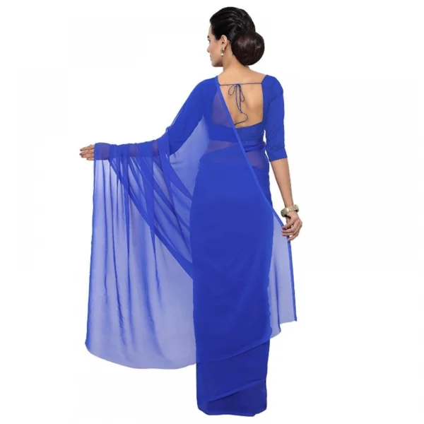 Georgette Plain Saree With Blouse (Royal Blue, 5-6 Mtrs) - Image 2