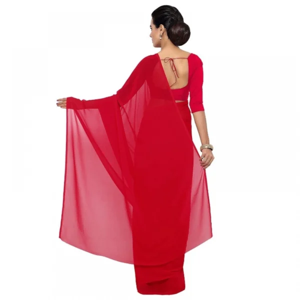Georgette Plain Saree With Blouse (Red, 5-6 Mtrs) - Image 3