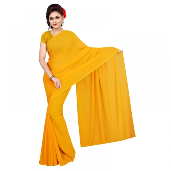 Georgette Plain Saree With Blouse (Gold, 5-6 Mtrs)