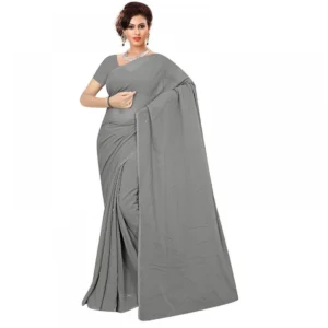 Georgette Plain Saree With Blouse (Grey, 5-6 Mtrs)