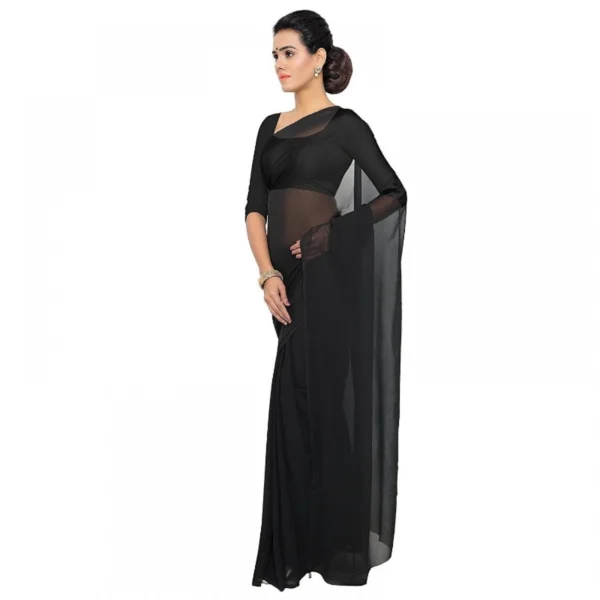 Georgette Plain Saree With Blouse (Black, 5-6 Mtrs) - Image 3