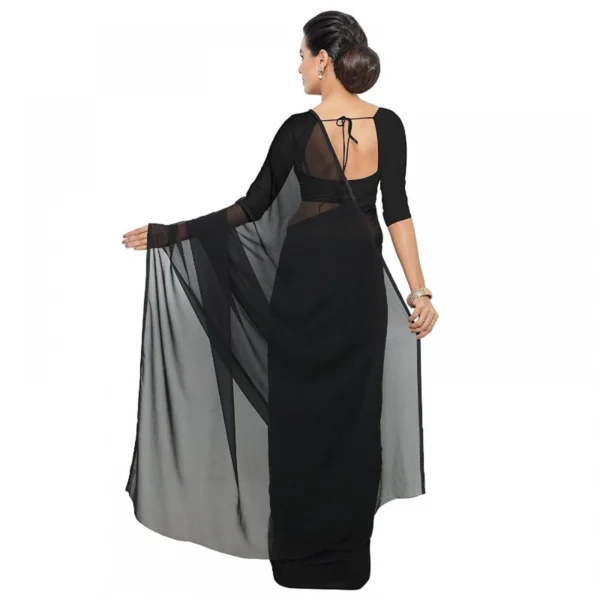 Georgette Plain Saree With Blouse (Black, 5-6 Mtrs) - Image 4