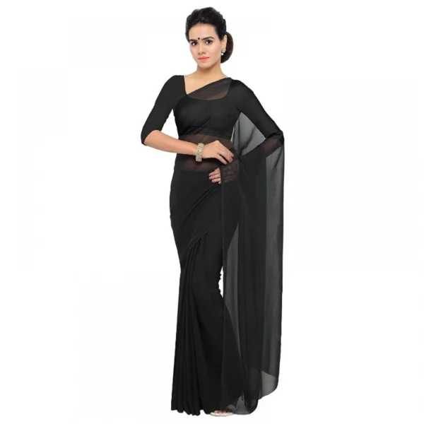 Georgette Plain Saree With Blouse (Black, 5-6 Mtrs)