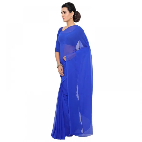Georgette Plain Saree With Blouse (Royal Blue, 5-6 Mtrs) - Image 3