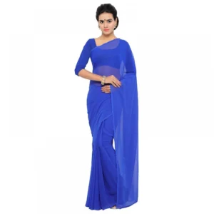 Georgette Plain Saree With Blouse (Royal Blue, 5-6 Mtrs)