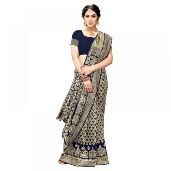 Jacquard Silk Kanjivaram Jacquard Silk Saree With Blouse (Navy Blue, 5-6 Mtrs) - Image 5