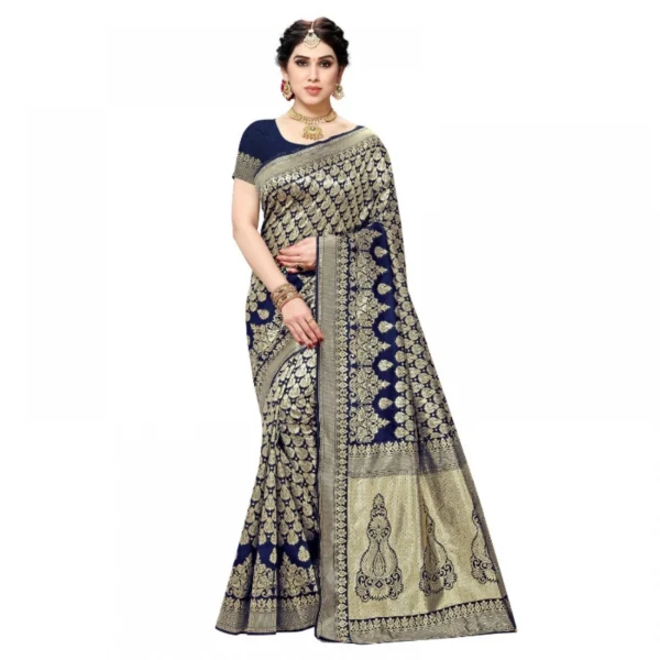 Jacquard Silk Kanjivaram Jacquard Silk Saree With Blouse (Navy Blue, 5-6 Mtrs)