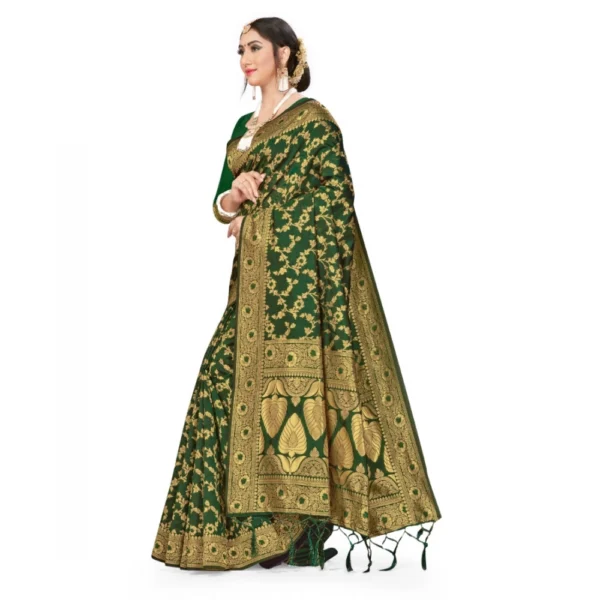 Banarasi Silk Saree With Blouse (Green, 5-6Mtrs) - Image 3