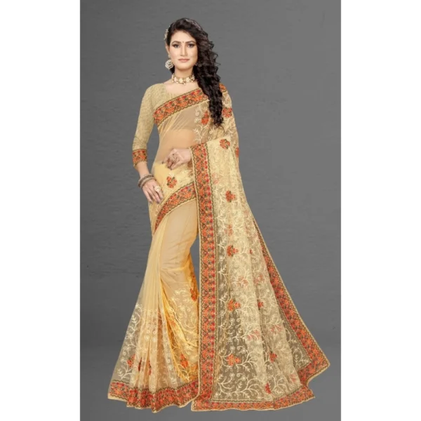 Net Saree With Blouse (Chiku, 5-6Mtrs) - Image 5