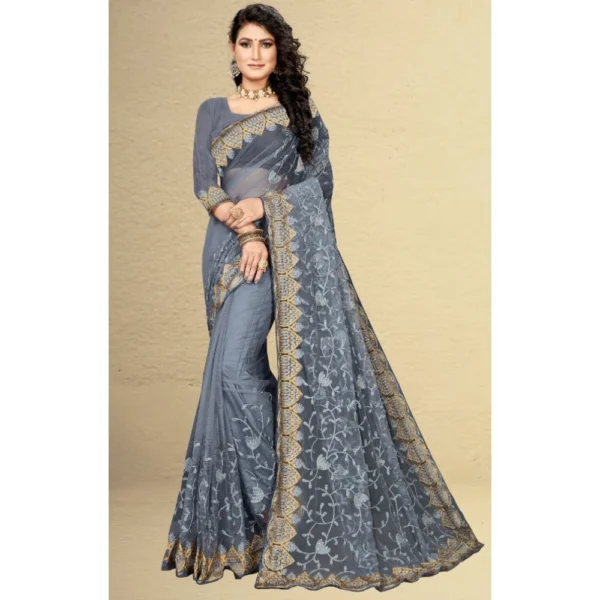 Net Saree With Blouse (Grey, 5-6Mtrs) - Image 5