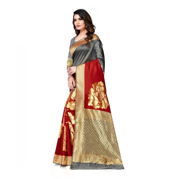 Banarasi Silk Saree With Blouse (Grey, Red, 5-6Mtrs) - Image 3