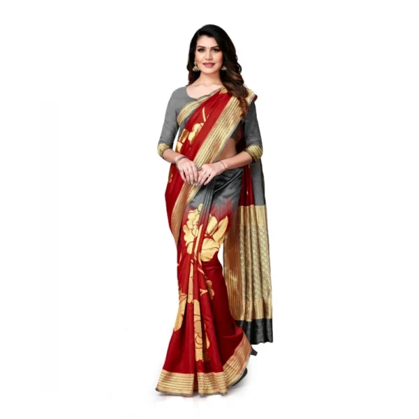 Banarasi Silk Saree With Blouse (Grey, Red, 5-6Mtrs) - Image 2