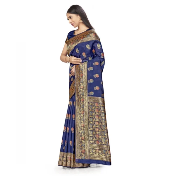 Banarasi Silk Saree With Blouse (Navy Blue, 5-6Mtrs) - Image 3