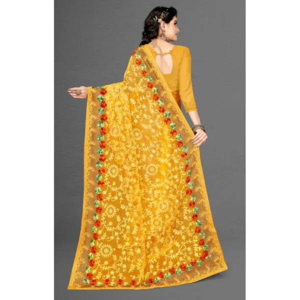 Net Saree With Blouse (Yellow, 5-6Mtrs) - Image 2