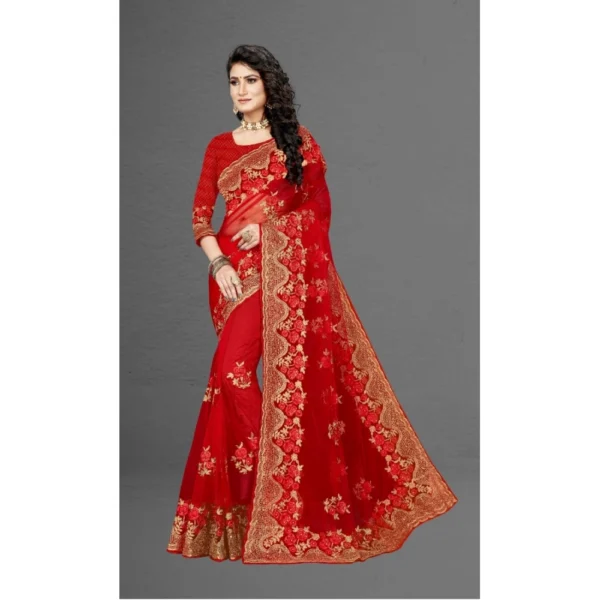 Net Saree With Blouse (Red, 5-6Mtrs) - Image 5