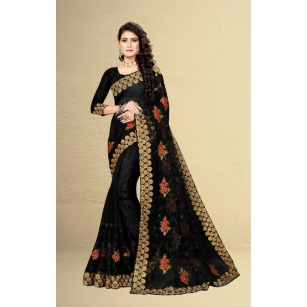 Net Saree With Blouse (Black, 5-6Mtrs) - Image 5