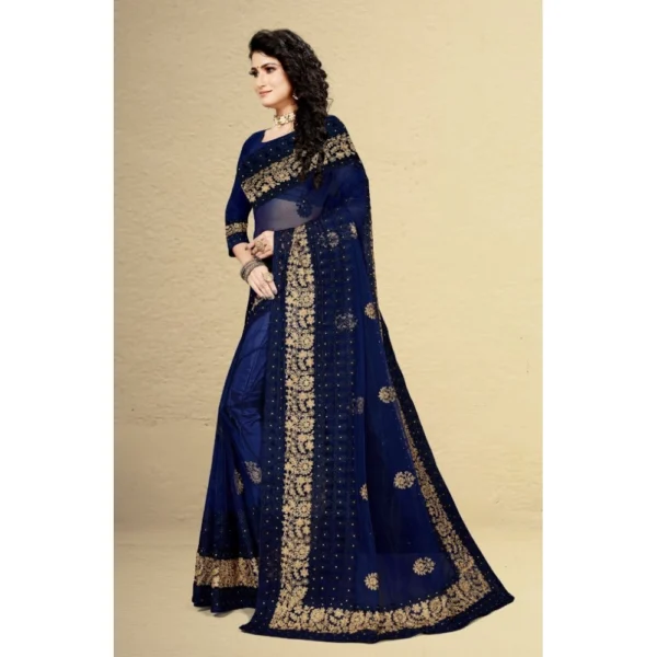Net Saree With Blouse (Navy Blue, 5-6Mtrs) - Image 4