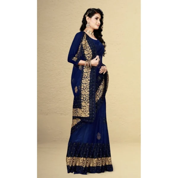 Net Saree With Blouse (Navy Blue, 5-6Mtrs) - Image 3