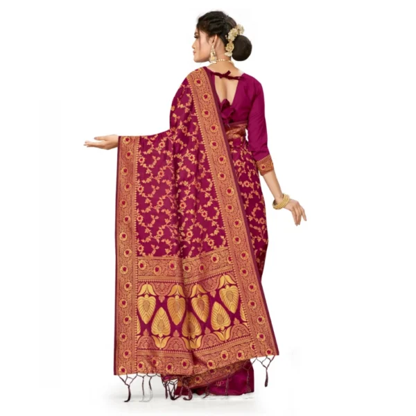 Banarasi Silk Saree With Blouse (Wine, 5-6Mtrs) - Image 2