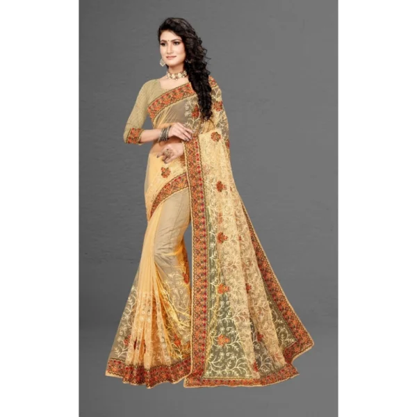 Net Saree With Blouse (Chiku, 5-6Mtrs) - Image 4