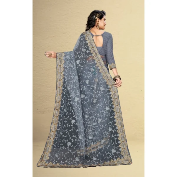 Net Saree With Blouse (Grey, 5-6Mtrs) - Image 2