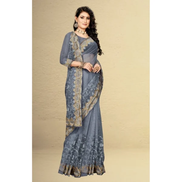 Net Saree With Blouse (Grey, 5-6Mtrs) - Image 3
