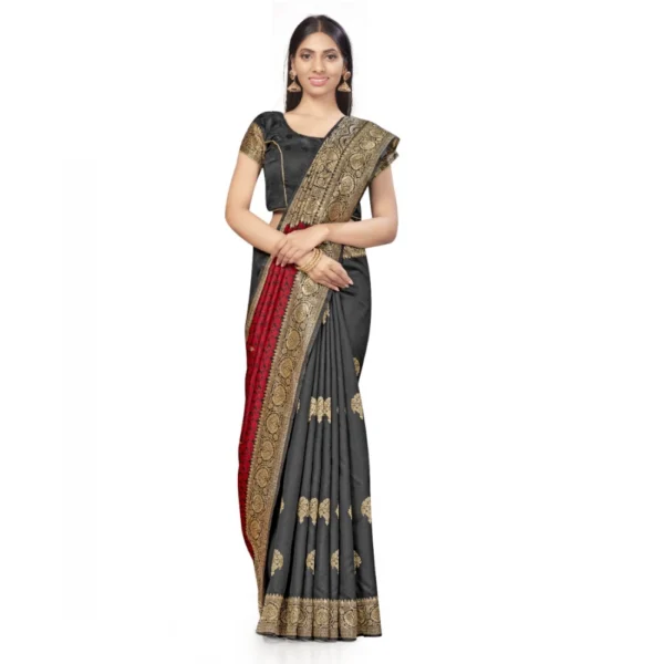 Banarasi Silk Saree With Blouse (Black, Red, 5-6Mtrs) - Image 2