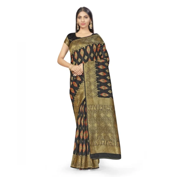 Banarasi Silk Saree With Blouse (Black, 5-6Mtrs)