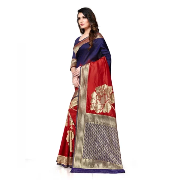 Banarasi Silk Saree With Blouse (Navy Blue, Red, 5-6Mtrs) - Image 4