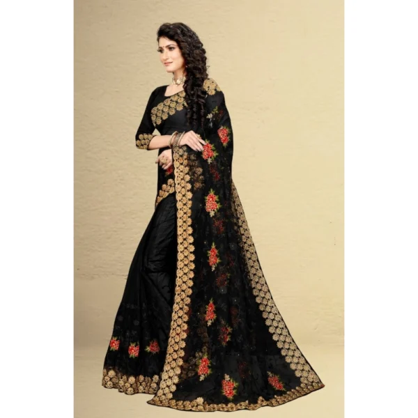 Net Saree With Blouse (Black, 5-6Mtrs) - Image 4